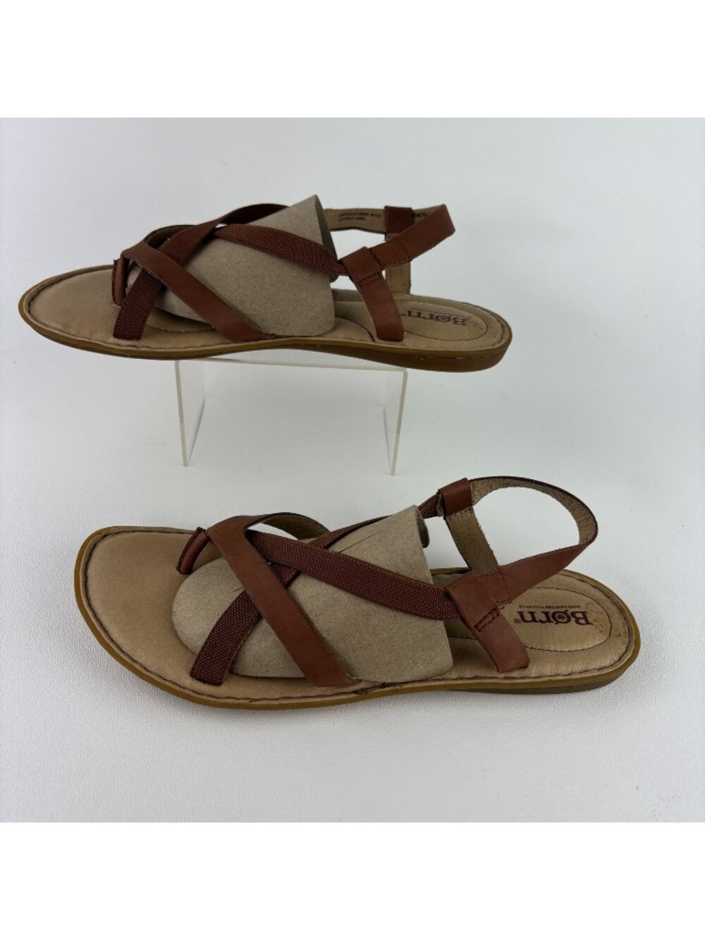Born Women's Size 9M Brown Cognac Leather Fabric Ankle Strap Thong Flat Sandals